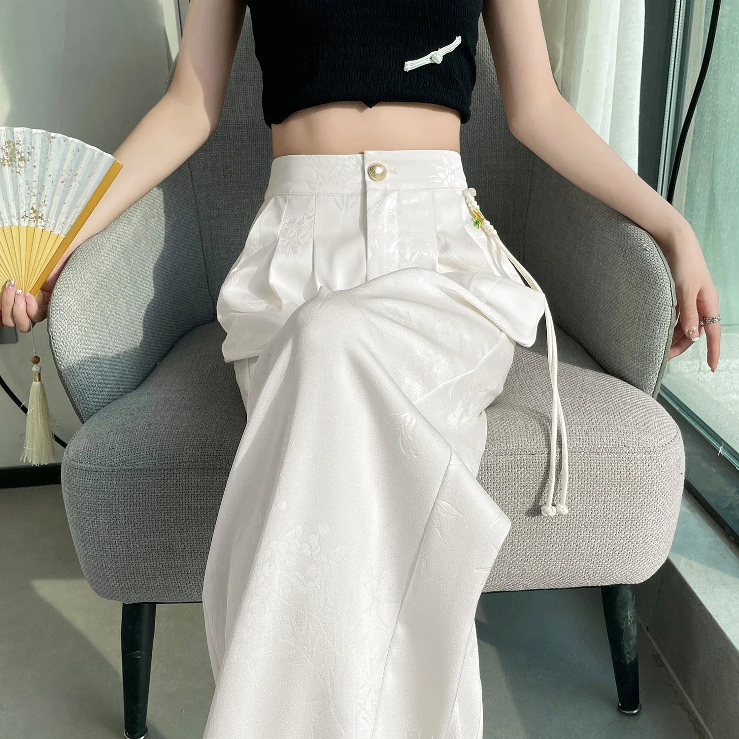 Chinese Style Jacquard Wide Leg Satin Pants – Women